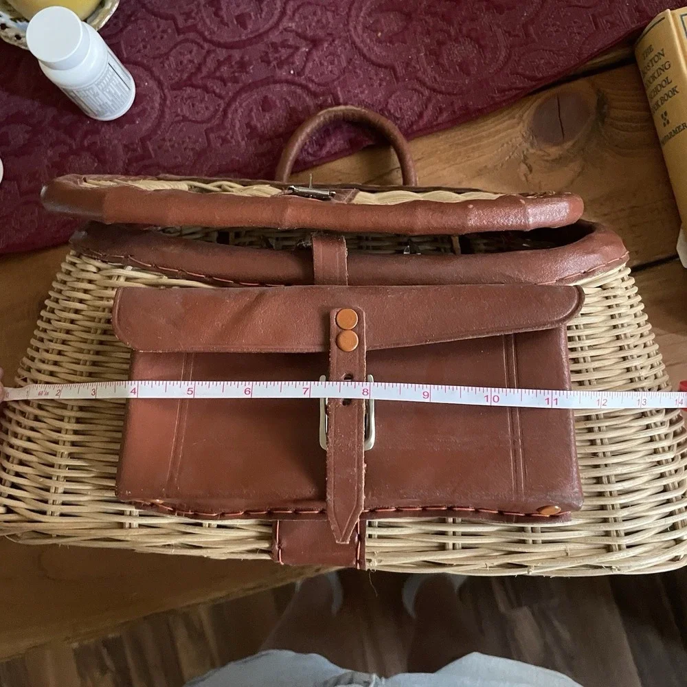 Vtg Wicker and Leather Creel Basket W/Pouch Made in British Hong Kong